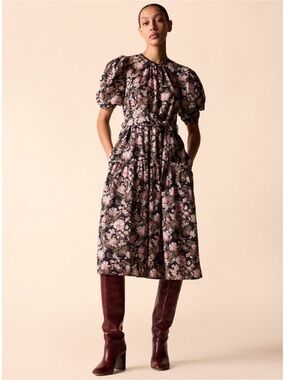 ST. ROCHE Ciel Midi Dress 100% Cotton Belladonna Black Floral Print Size 4